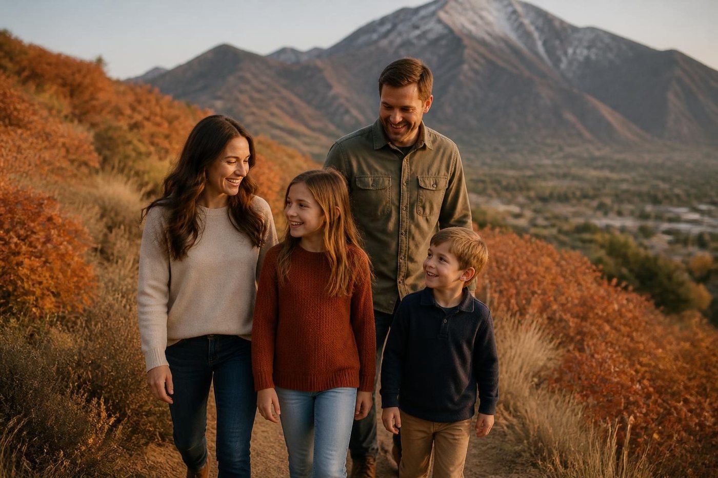 A family hiking a foothill trail above a Utah valley in the fall