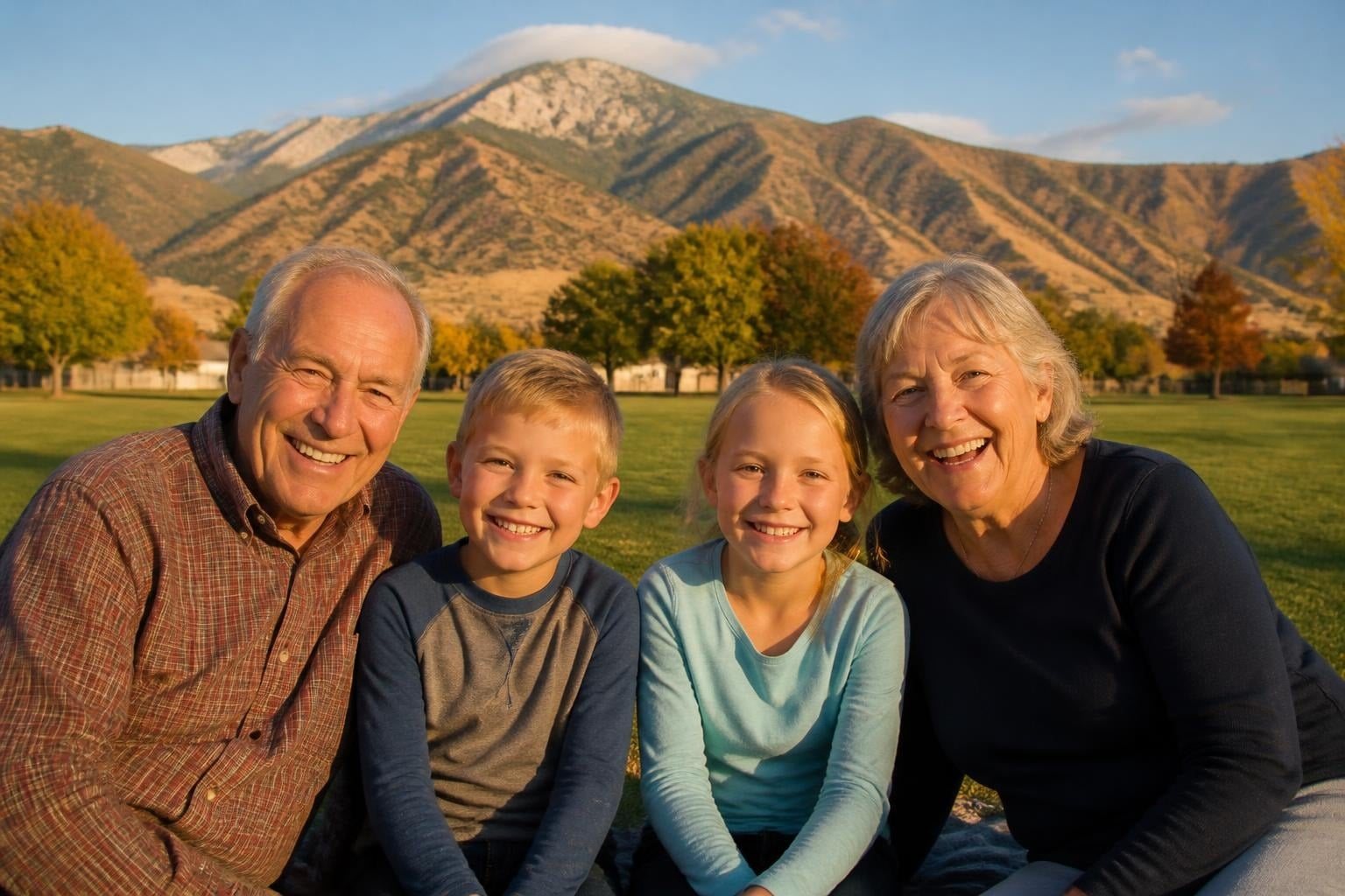 Grandparents and grandchildren smiling in a Payson park below the Wasatch foothills
