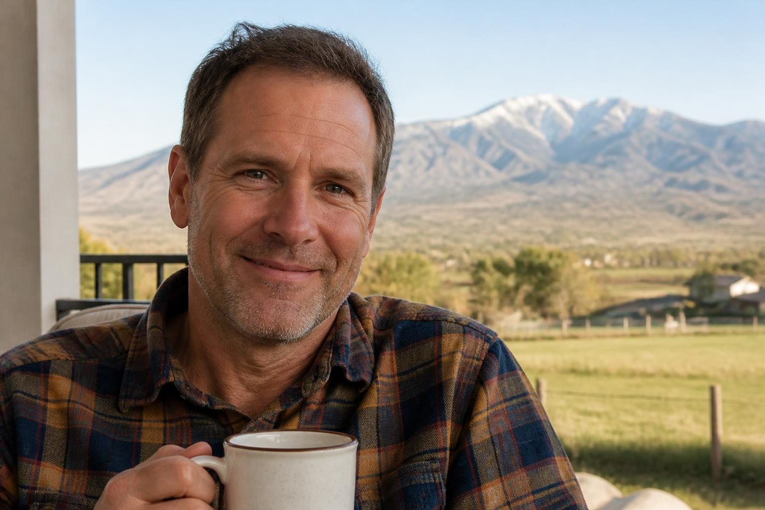 A man smiling on his porch with a cup of coffee and Mount Nebo in the distance