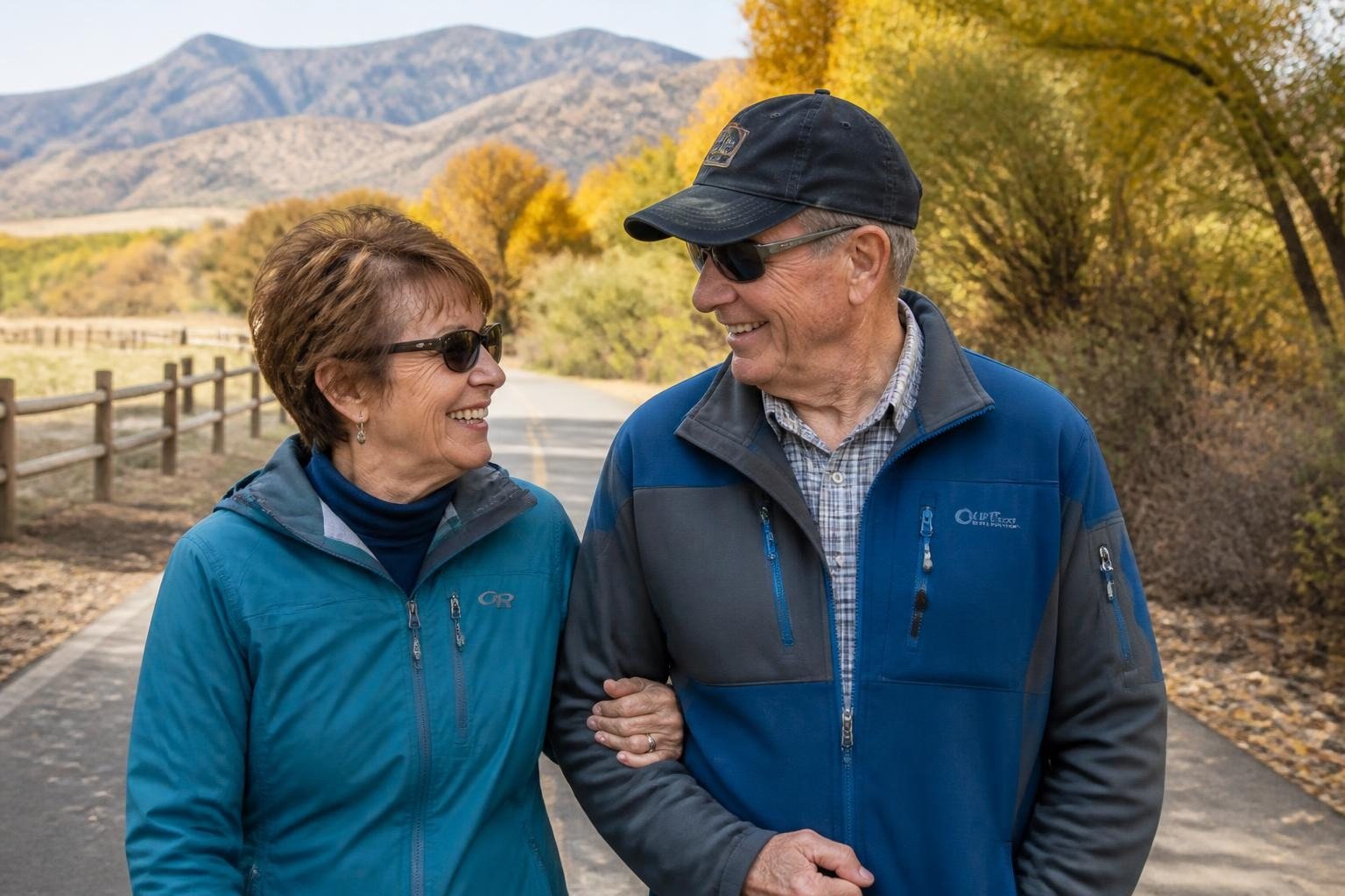 An older couple walking arm in arm on a fall trail near Payson