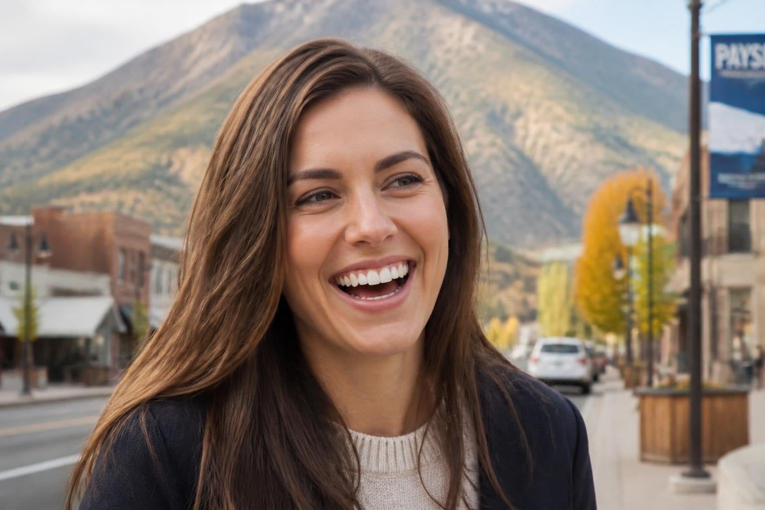 A woman laughing on a small-town main street with the mountains behind her