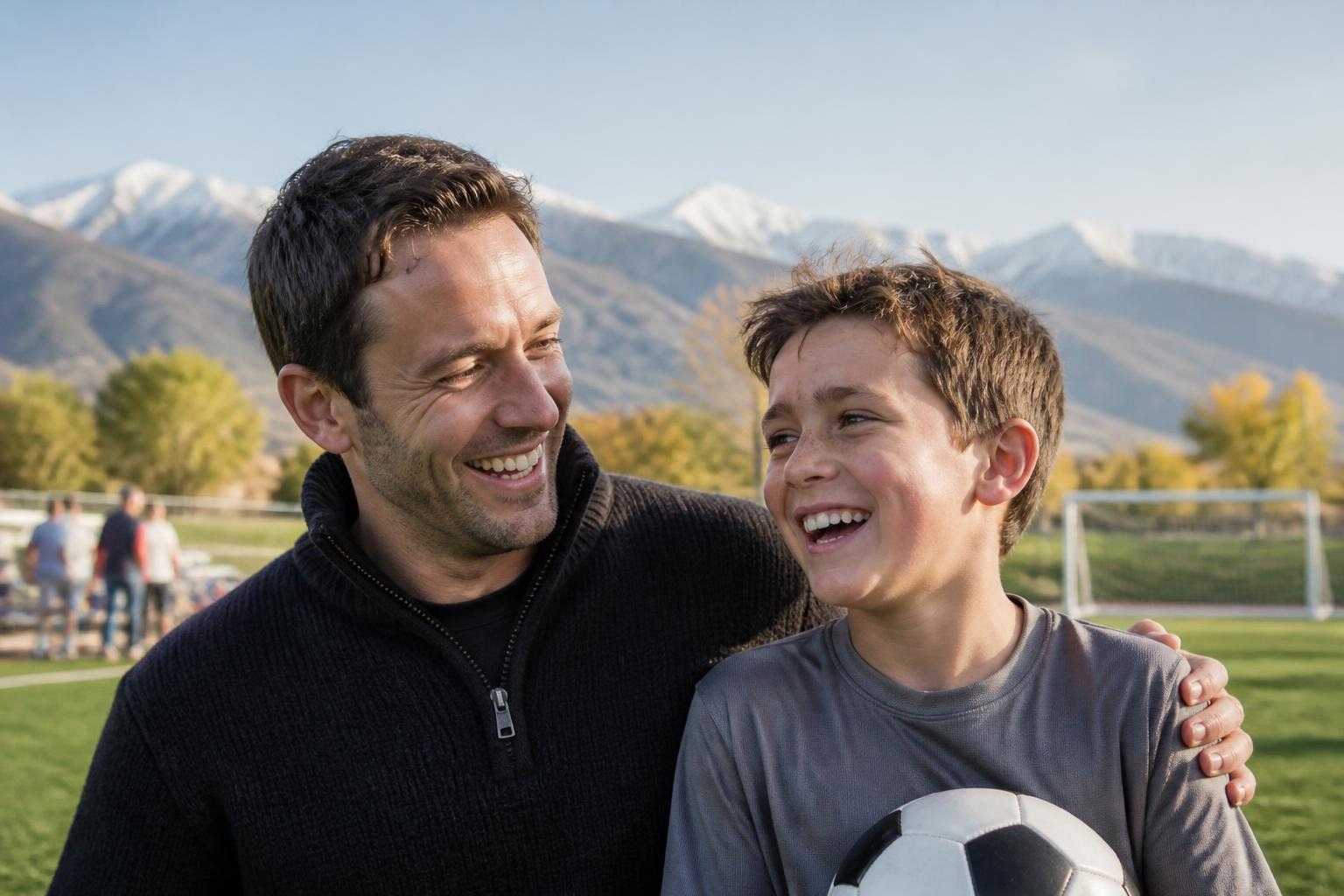 A dad and son laughing at a youth soccer field below the mountains