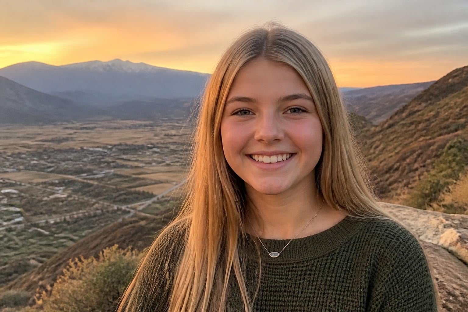 A smiling teenager at a mountain overlook above Utah Valley at sunset